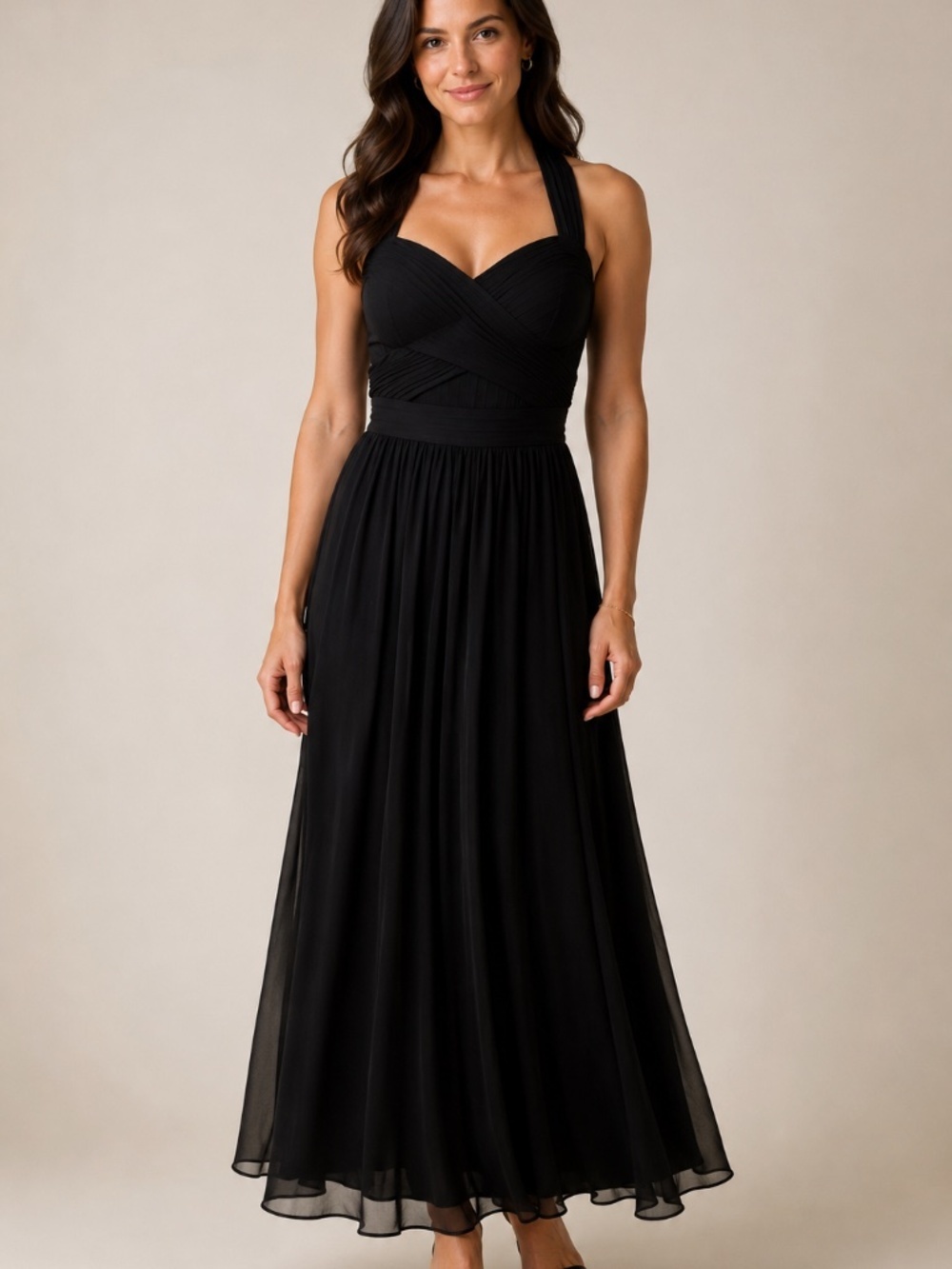 Betsy Adam Black Chiffon Goddess Maxi Gown Small